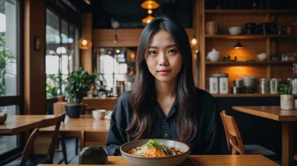 A woman is seated at a wooden table in a cozy, modern restaurant with bowls of food in front of her. Shelves with various items and plants are in the background.
