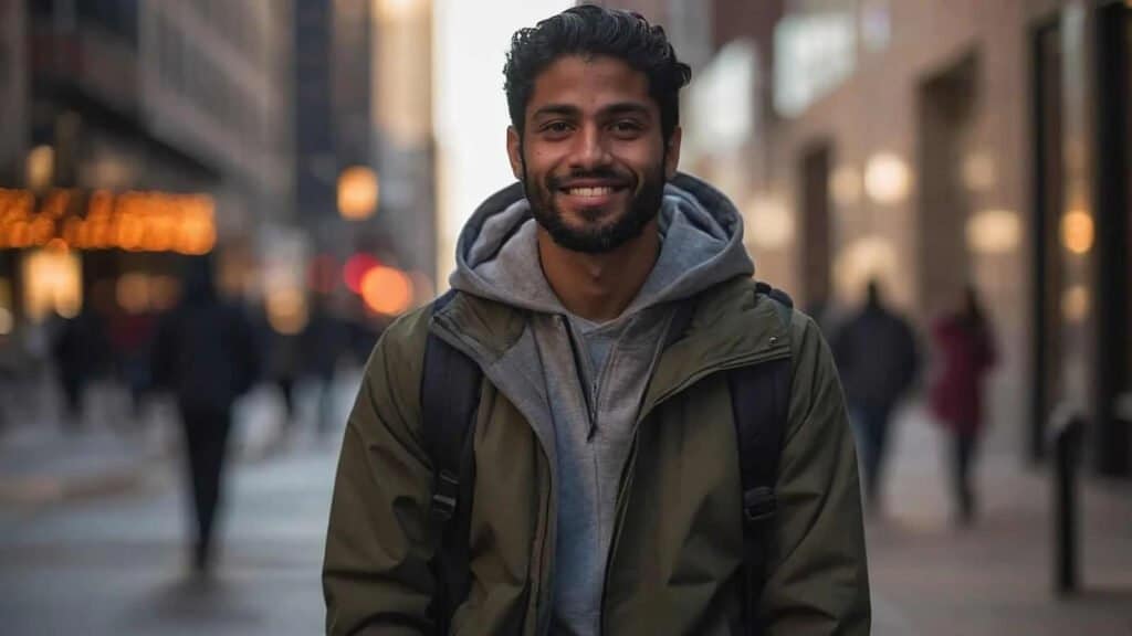 A man wearing a green jacket and a grey hoodie smiles while standing in an urban street in Chicago, with a blurred background of buildings and people. He has a beard, carries a backpack, and looks ready for his food deliveries startup.