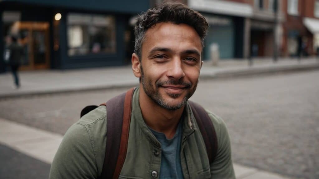 Man with a light beard and a backpack smiling at the camera on a city street.