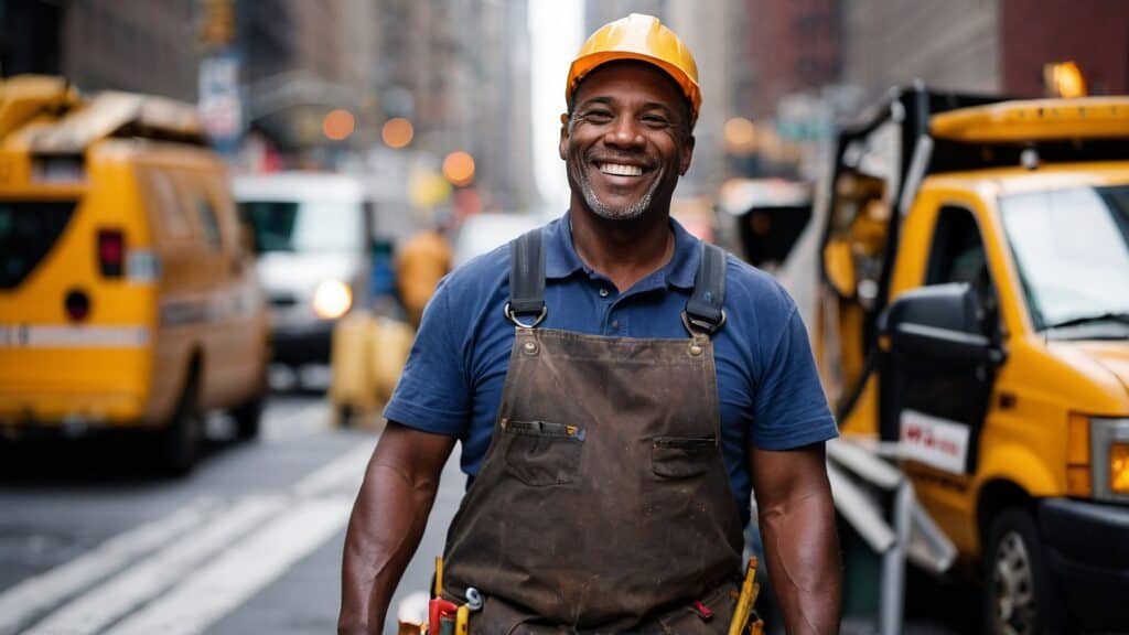 A smiling local handyman in a hard hat and tool belt stands in a busy urban street with yellow cabs in the background.