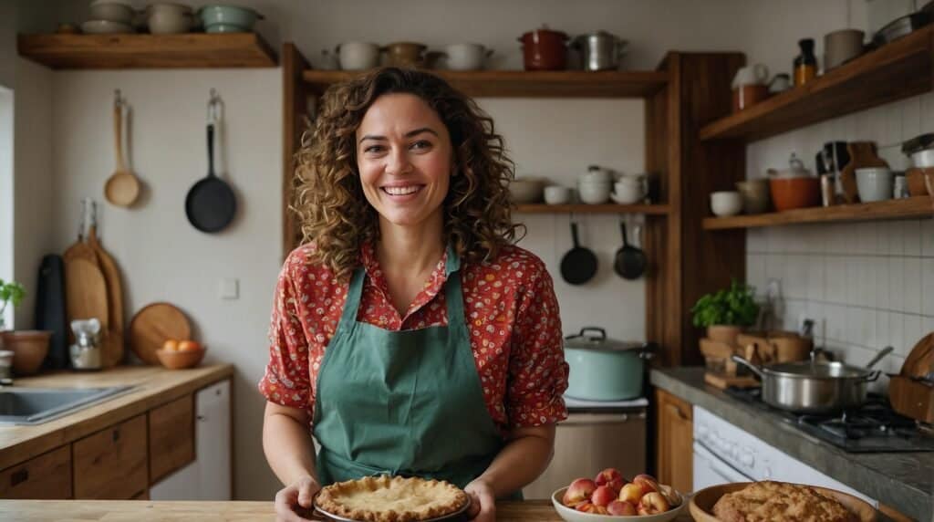 A woman in a kitchen smiles while holding a pie. Shelves with kitchen items are in the background, and there are bowls of apples on the counter.