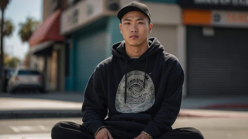 A young man wearing a black hoodie sits on a curb in a sunny urban street, looking directly at the camera.