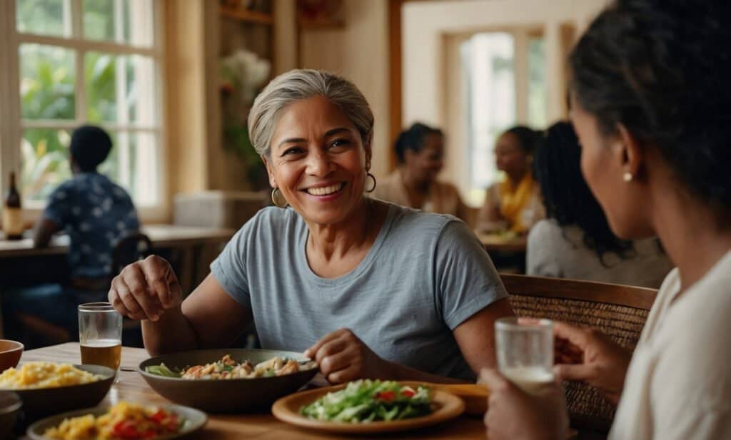 A woman with short gray hair smiles while eating at a table with a salad, rice dish, and glass of juice. Another woman with dark hair sits across from her. Others are seated in the background.