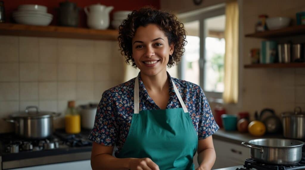 A person with curly hair, wearing a floral shirt and green apron, smiles in a kitchen with various utensils and ingredients on the countertop, including pots, bottles, and lemons.