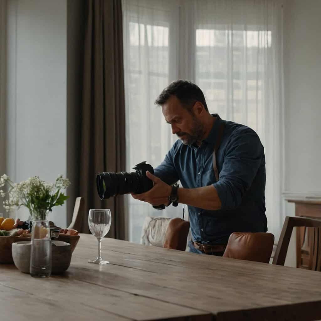 A person wearing a blue shirt and leather camera strap is taking a photo of a dining table setup, including fruit, a wine glass, and potted flowers, using their camera in a well-lit room.