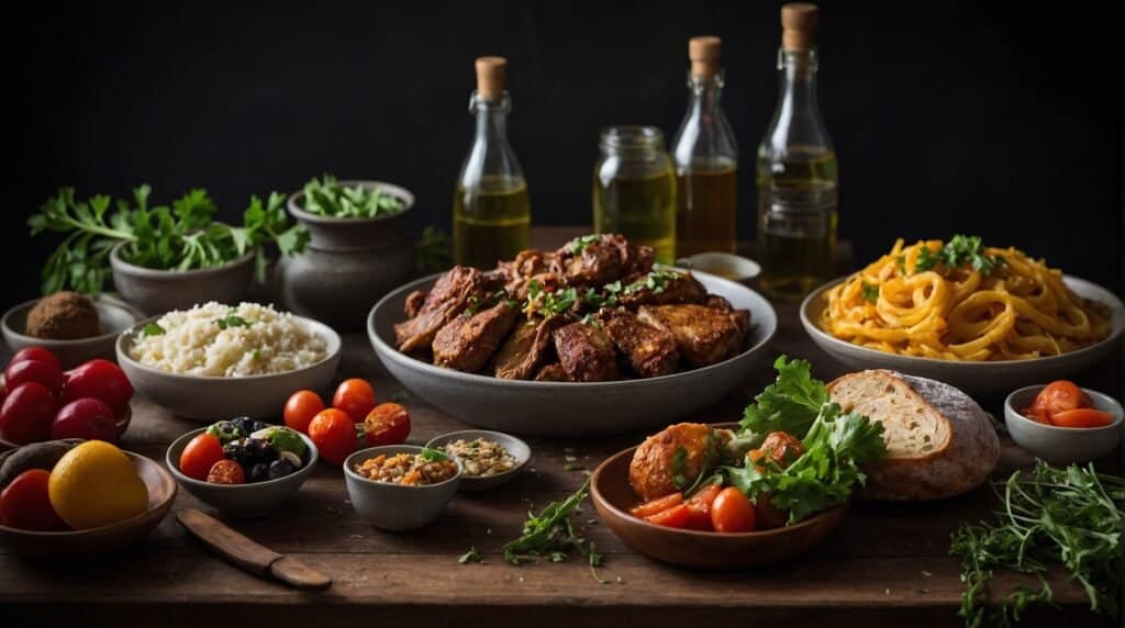 A variety of dishes including grilled meats, pasta, rice, salads, bread, and tomatoes are arranged on a wooden table. Bottles of oil and herbs are in the background.