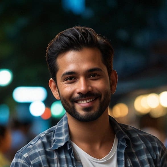A man with a beard and short hair is smiling and wearing a plaid shirt over a white T-shirt. The background is blurred with lights.