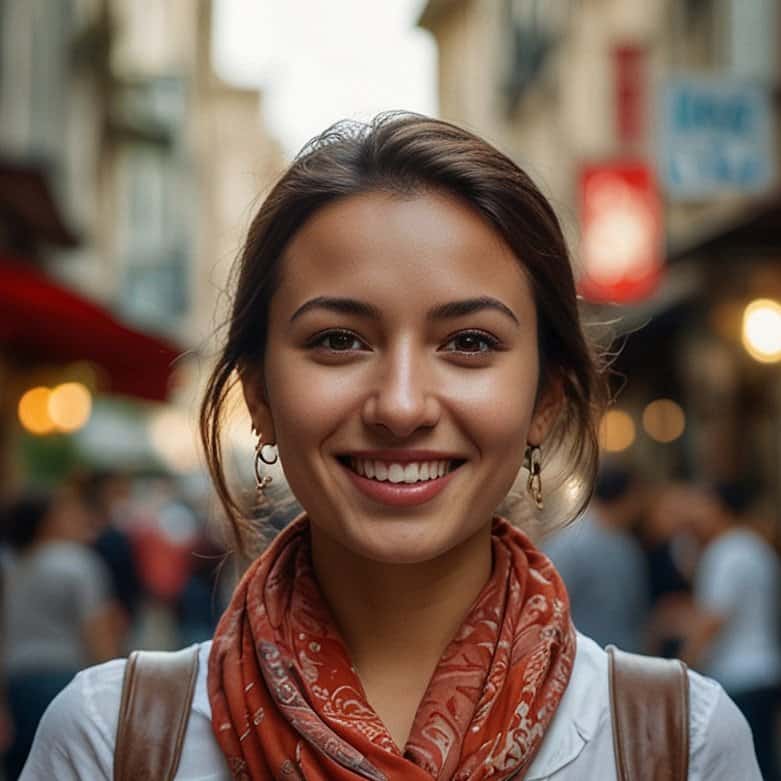 A woman with brown hair smiles at the camera while standing on a busy street. She is wearing a red scarf and a white top.