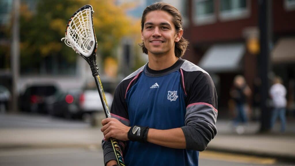 Young man standing outdoors holding a lacrosse stick, wearing a sports jersey and a watch, smiling at the camera.