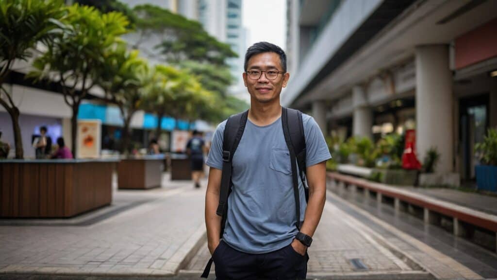 A man wearing glasses, a gray t-shirt, and a backpack stands confidently in a city street with trees and shops in the background.
