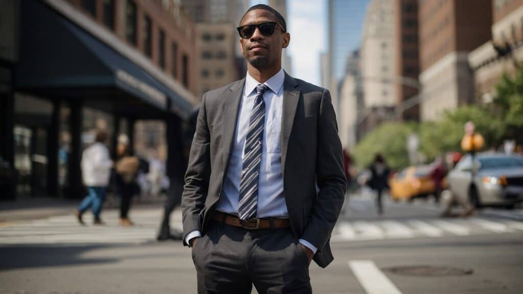 Confident businessman wearing a suit and sunglasses standing on a city street with pedestrians and cars in the background.