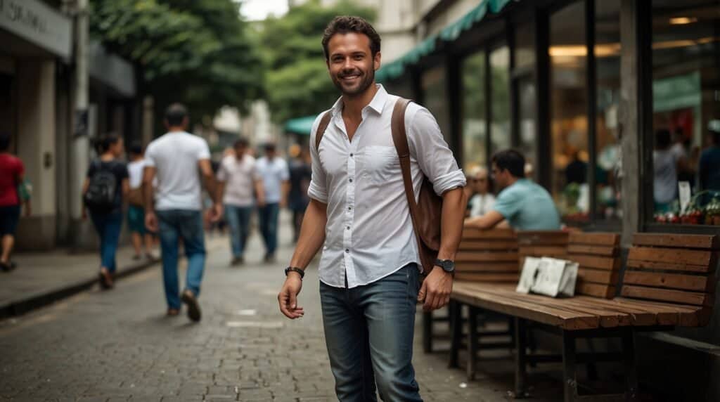 An entrepreneur wearing a white shirt and a backpack walks on a cobblestone street lined with benches and people.