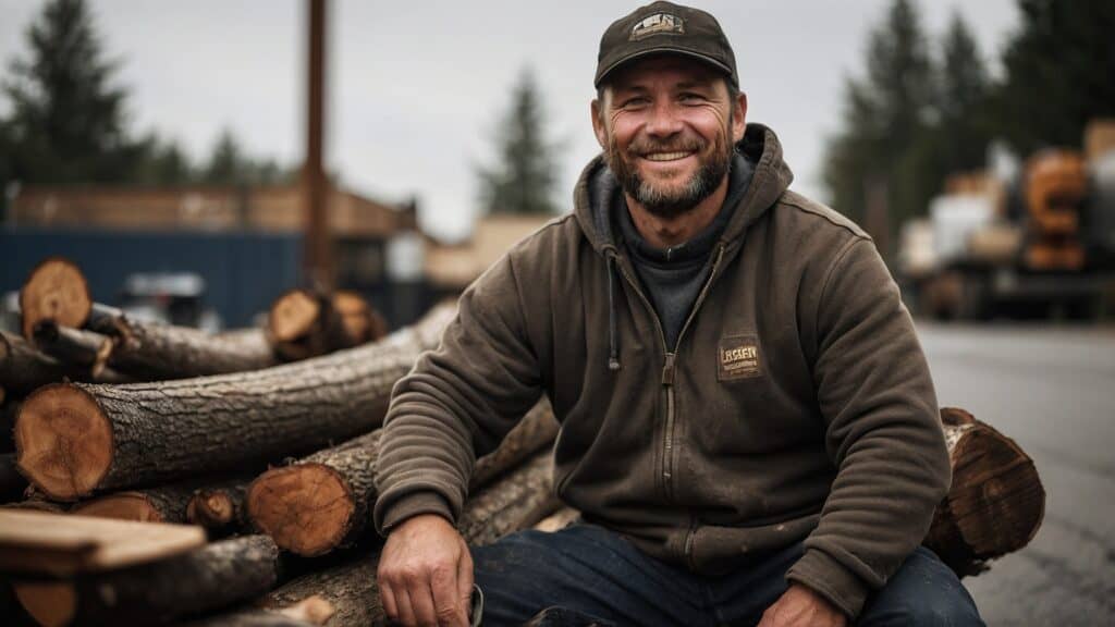 A smiling man wearing a cap and a brown jacket sits on a pile of logs in an industrial area with trucks and containers in the background.