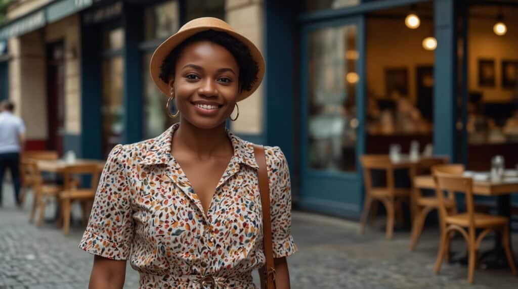 A woman in a patterned dress and hat smiles while standing outside a café with outdoor seating, embodying the spirit of a culinary explorer.