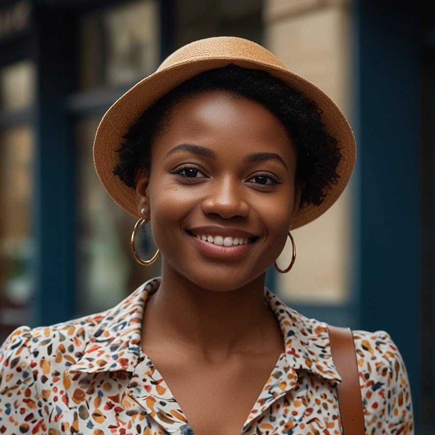 A person with short curly hair, wearing a straw hat and hoop earrings, smiles outdoors. They are dressed in a patterned shirt with a floral design.