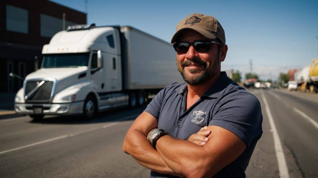 A smiling truck driver with arms crossed stands in front of his white semi-truck on a sunny street.