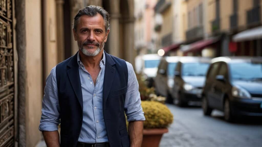 Middle-aged man with gray hair standing in a narrow city street, smiling at the camera, dressed in a casual suit with an open blue shirt.