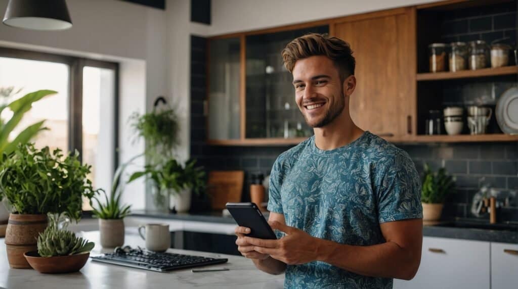 A man wearing a blue patterned shirt smiles while holding a tablet in a kitchen with plants and wooden cabinets.