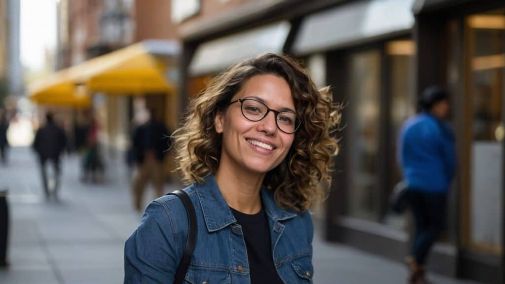 A smiling woman with curly hair wearing glasses and a denim jacket stands on a city street with blurred pedestrians and shops in the background.