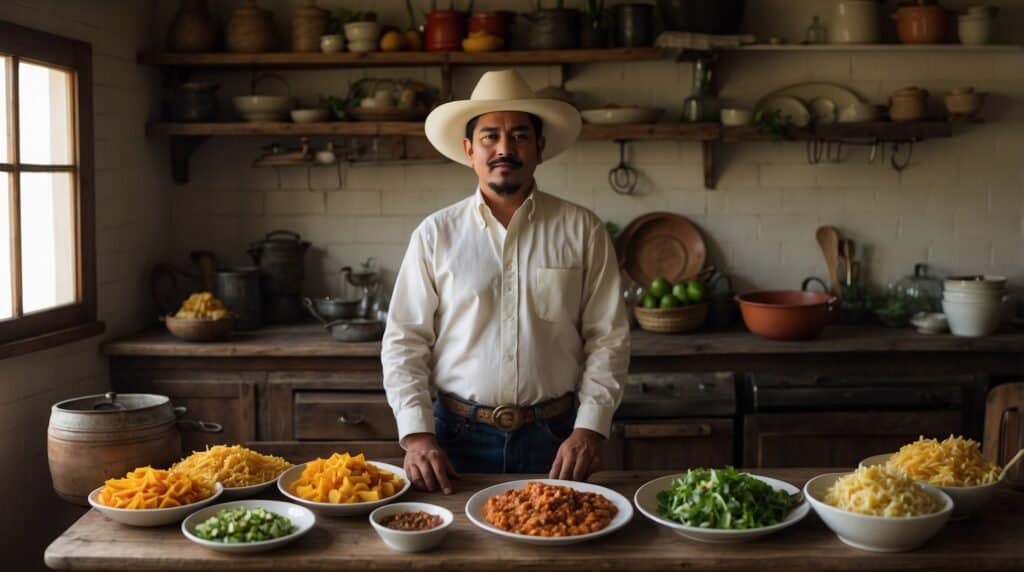 A man in a white shirt and hat stands behind a wooden table with various ingredients in bowls, including diced vegetables and a meat dish, in a rustic kitchen setting.