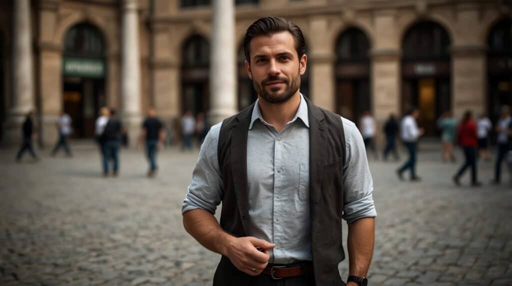 A man with a beard stands confidently in a cobblestone plaza. He is wearing a light blue shirt and a dark grey vest, looking like an architect surveying his latest project. Blurred figures of people and historic buildings are in the background.