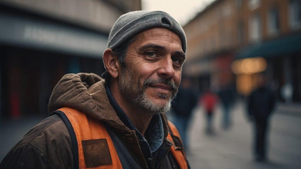 Middle-aged man with a beard wearing a beanie and orange vest smiling on a city street.