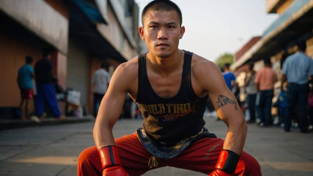 A man in a tank top and muay thai shorts crouches in a stance on a busy street, looking intently at the camera.