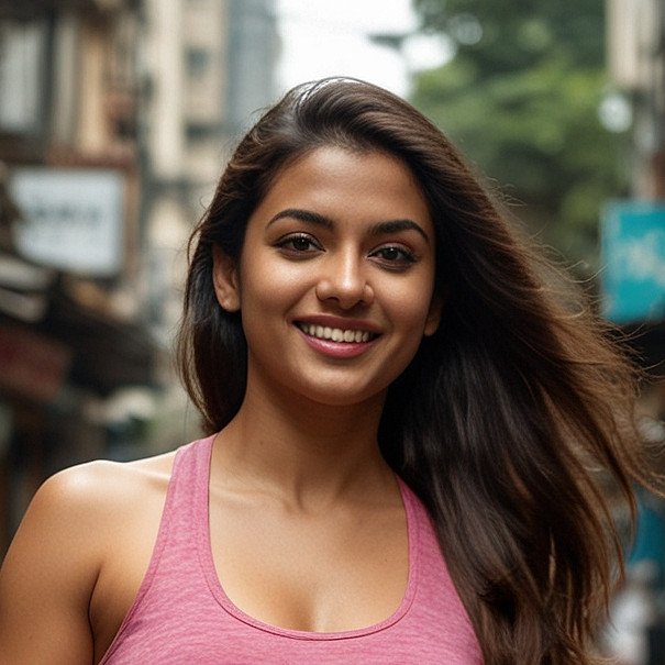 A woman with long brown hair smiles at the camera while standing outdoors on a city street, wearing a pink tank top.