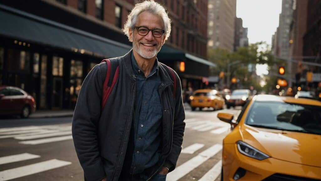 An older man with gray hair and glasses, who is a neuroscientist, smiling on a busy city street, wearing a backpack, with a yellow car passing by.