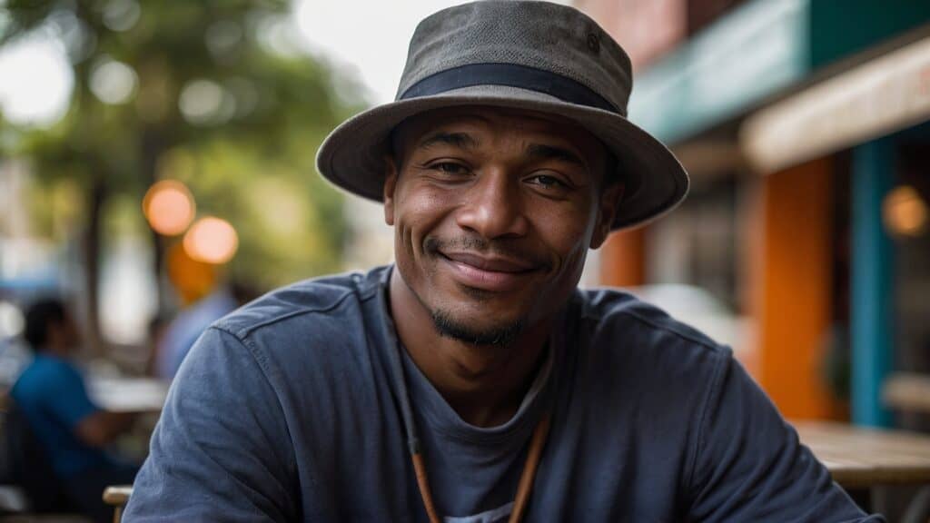 A man in a gray T-shirt and a bucket hat smiling at an outdoor café.