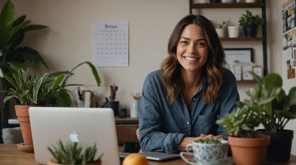 A woman sitting at a desk with a laptop, surrounded by potted plants and a cup of tea. She is smiling and wearing a denim shirt. A calendar and shelves with more plants are displayed in the background.