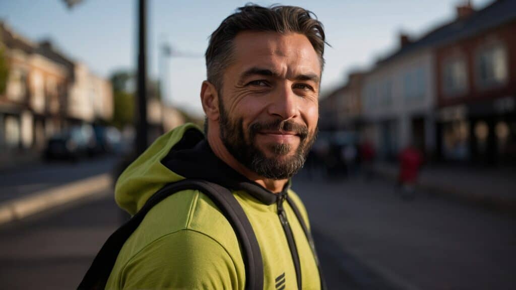 A close-up of a smiling man with a beard, wearing a green hoodie and a backpack, standing on a sunny street, likely headed to his next personal training session.