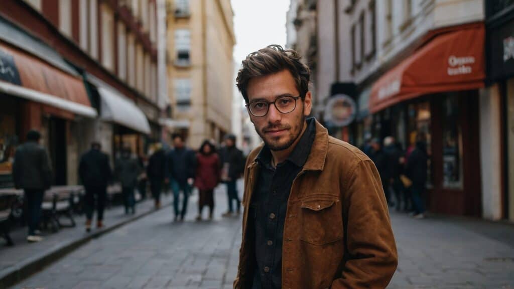 A man with glasses wearing a brown jacket stands in a bustling city street, facing the camera with a slight smile.