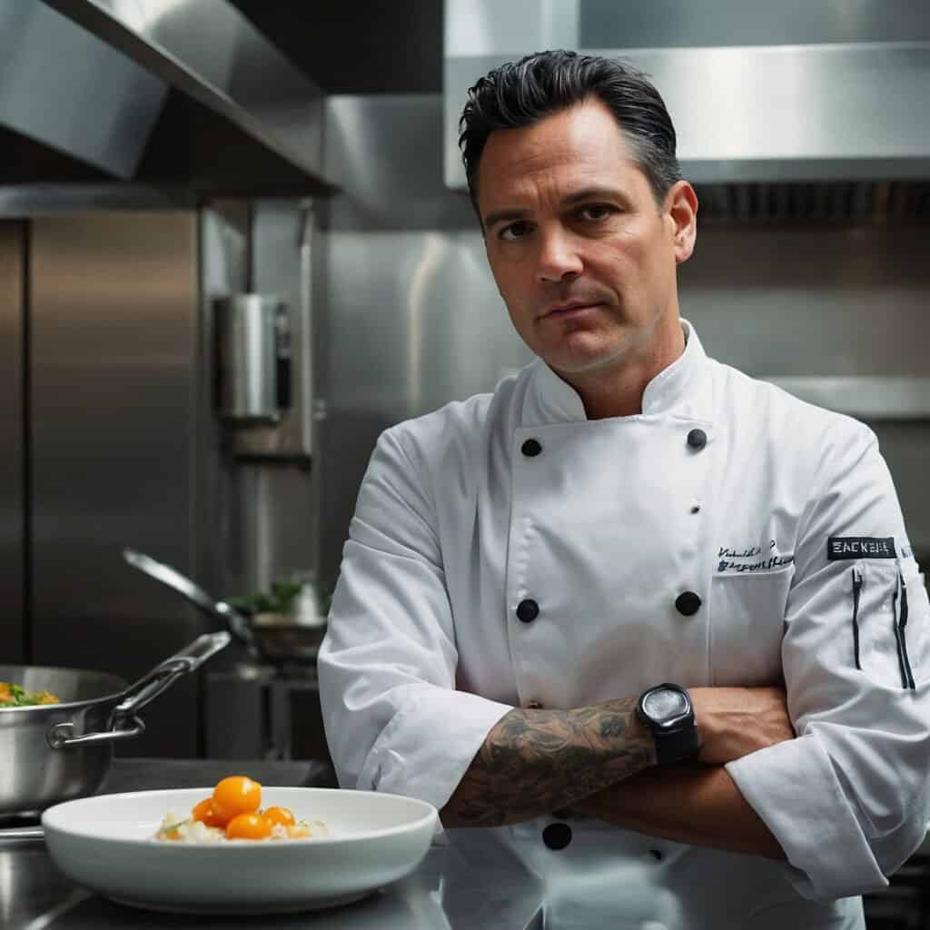 A chef in a white uniform stands with arms crossed in a professional kitchen, with a dish of food in the foreground and cooking utensils in the background.