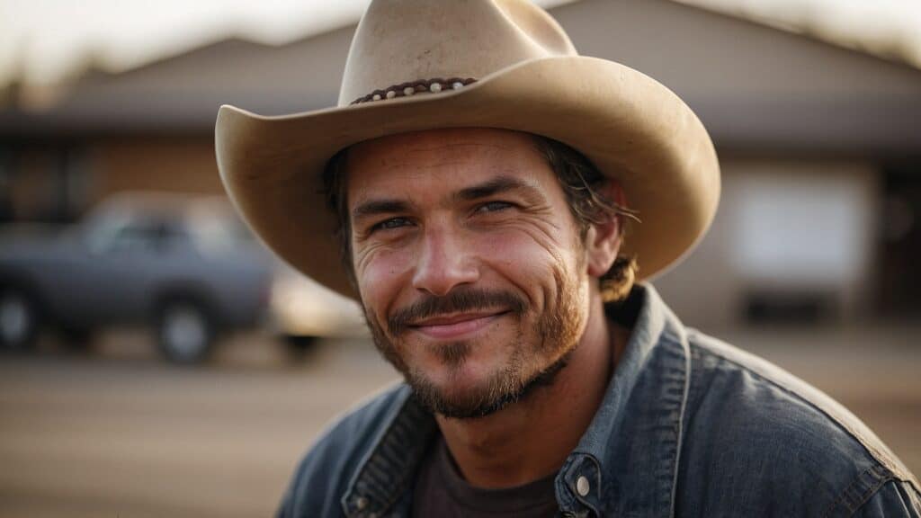 A man wearing a cowboy hat smiles gently with a blurred background featuring a house and a car.