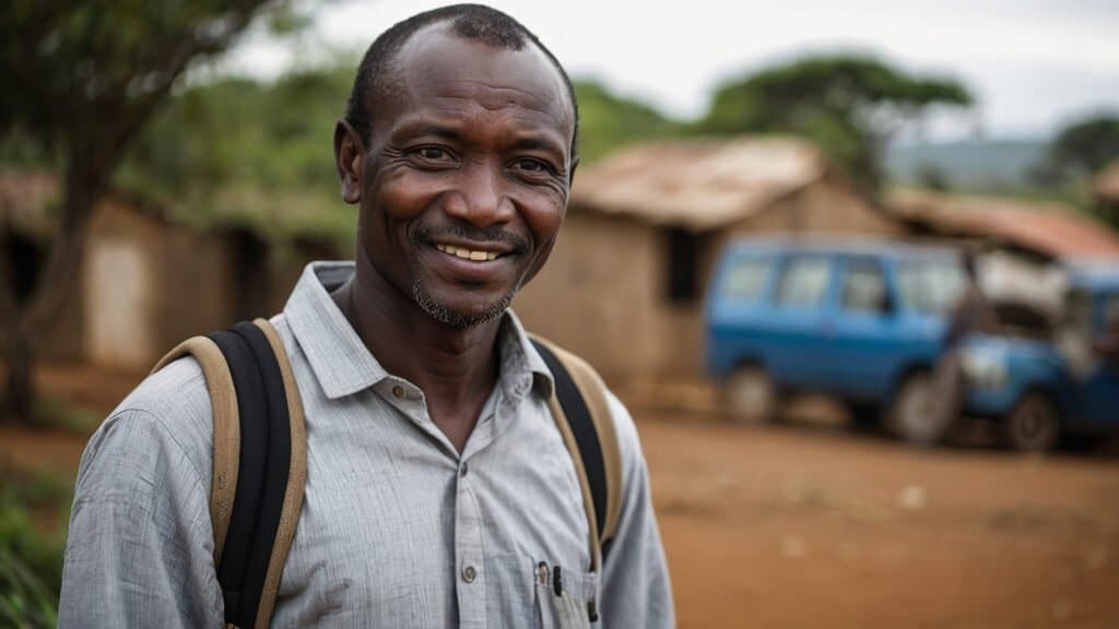 Smiling man with a backpack standing in front of rural buildings and a blue van.