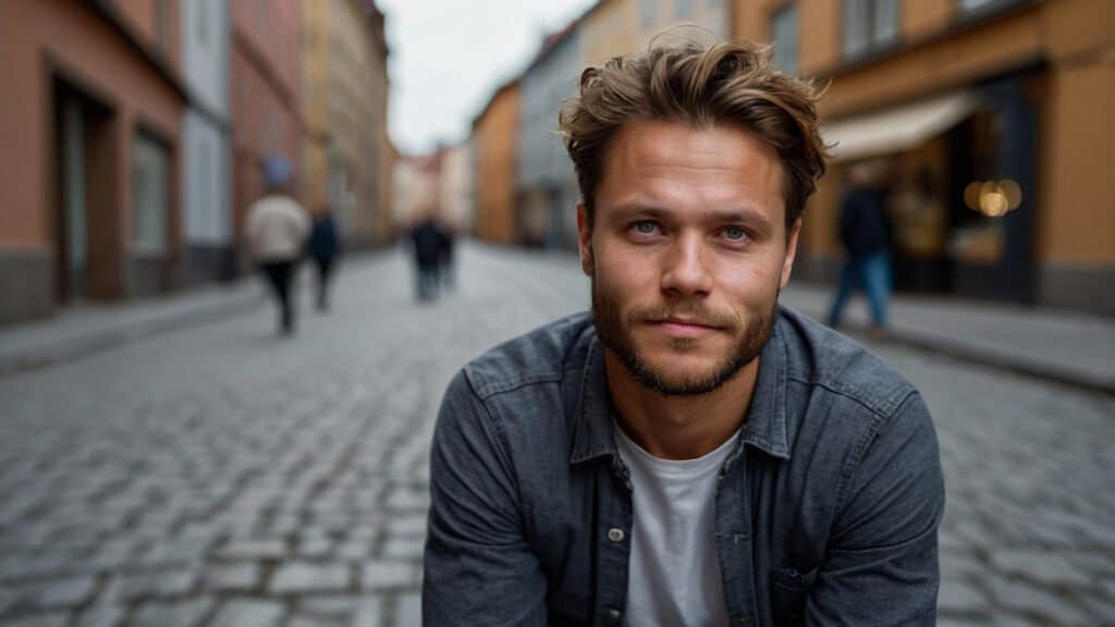 A young man with tousled hair and a serious expression sitting in a cobblestone street, with blurred pedestrians in the background.