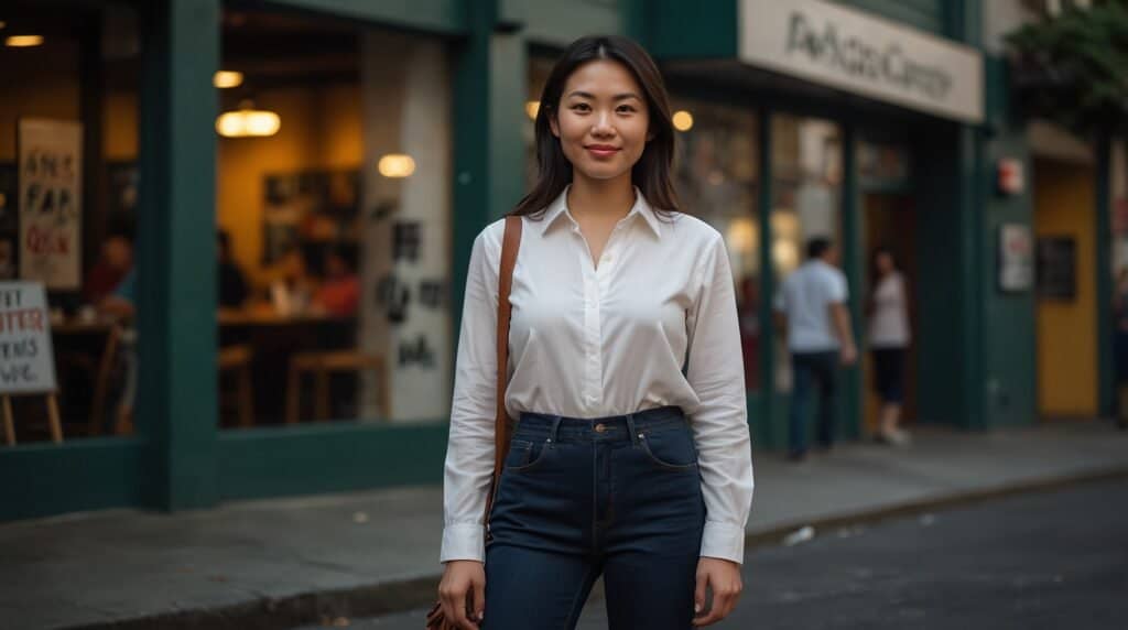 A woman in a white blouse and dark jeans stands on a city street, with a restaurant and pedestrians in the background. She carries herself with the calm confidence of an instructor, ready to engage minds and inspire learning.