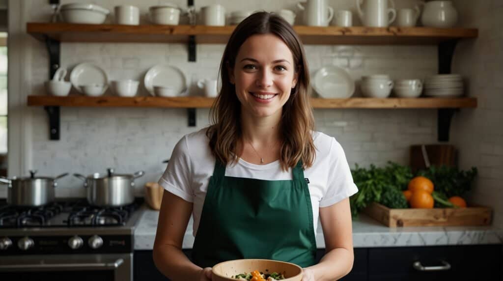 A woman in a green apron is standing in a kitchen, smiling and holding a bowl. Behind her are shelves with white dishes and a counter with vegetables.