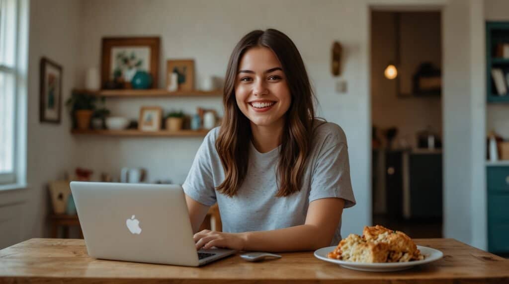 A person sitting at a wooden table in a kitchen, using a laptop and smiling. A plate of food is on the table beside them. Shelves with decor items are visible in the background.