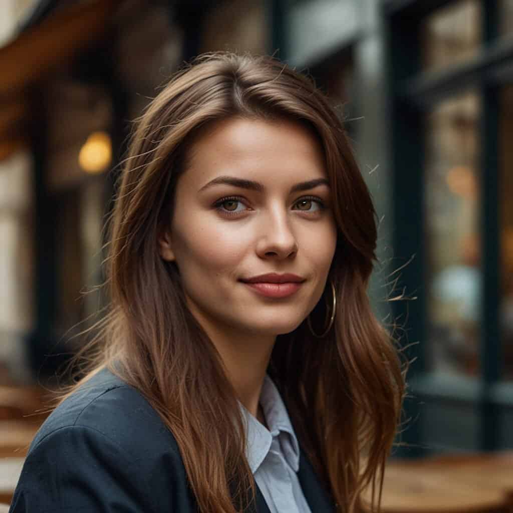 A woman with long brown hair and wearing a business jacket stands outdoors, smiling slightly with a blurred background of buildings and lights.