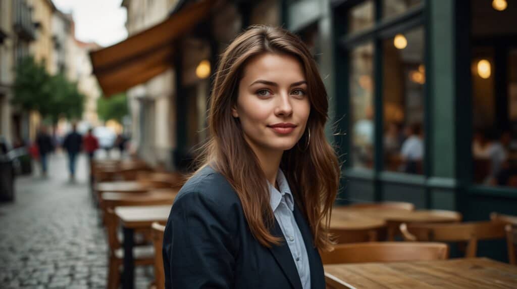 A marketing specialist with brown hair, wearing a navy blazer, sits at an outdoor café on a cobblestone street with a backdrop of shops and trees.