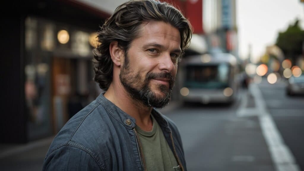 Man with a slight smile standing on a city street at dusk, featuring tousled hair and wearing a denim jacket over a t-shirt.