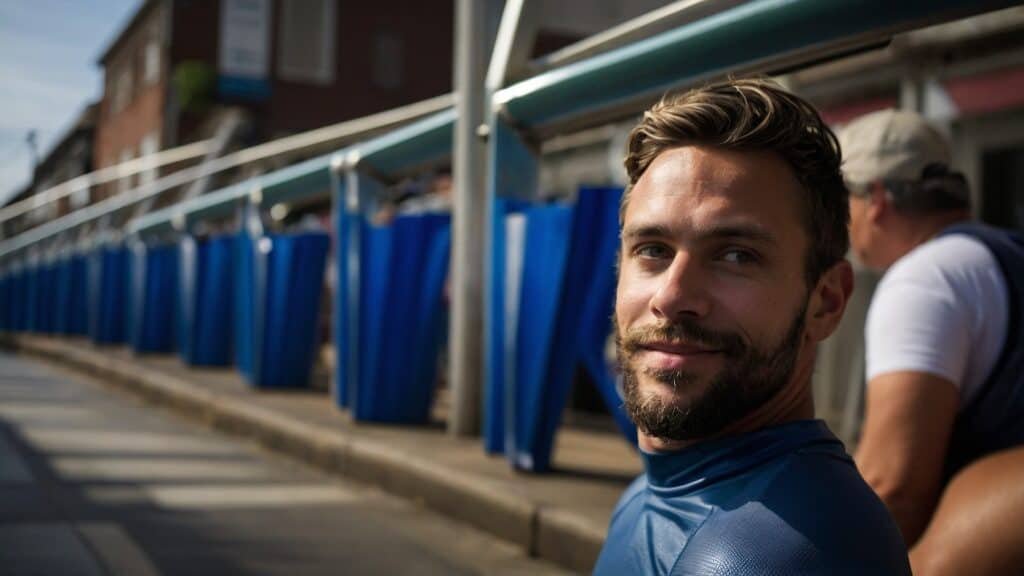 A man in a blue shirt smiling at the camera with portable toilets and another person in the background on a sunny day.