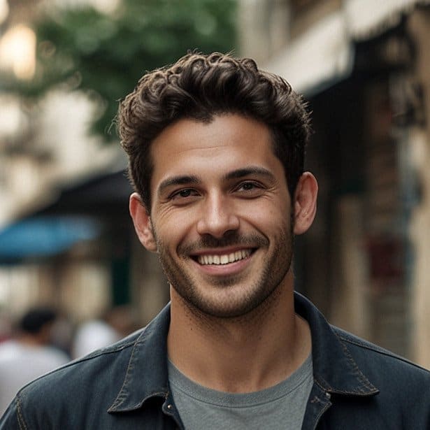 A smiling man with curly hair poses outdoors on a city street, wearing a denim jacket over a T-shirt.