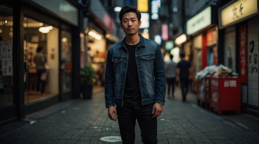 A man in a denim jacket stands on a dimly lit urban street, surrounded by storefronts boasting graphic design services.
