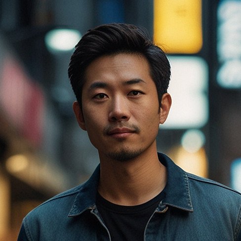 A man with short dark hair and a denim jacket stands in an urban street at night with blurred lights in the background.