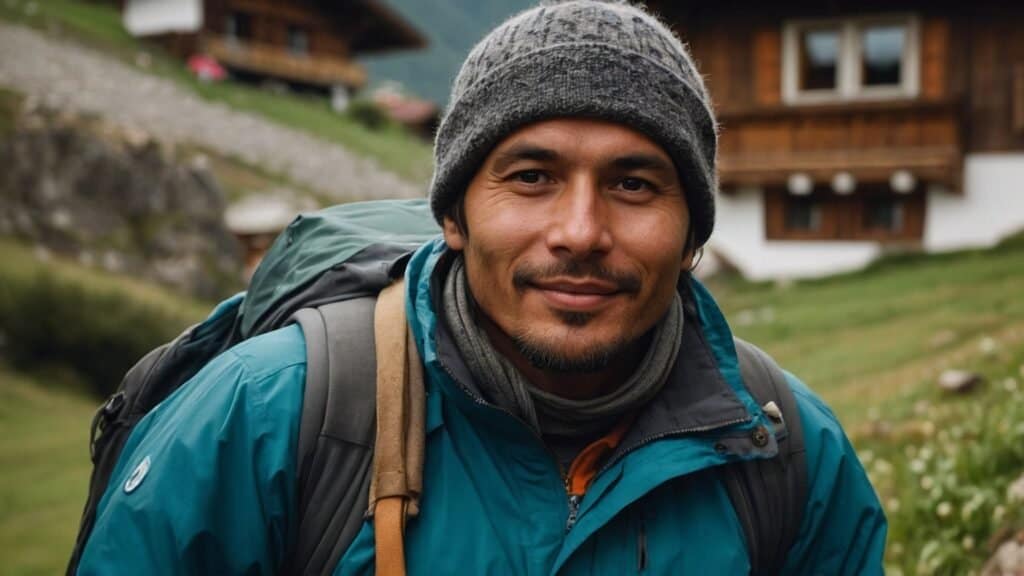 A smiling man with a beard, wearing a beanie and a backpack, stands in front of a wooden chalet.