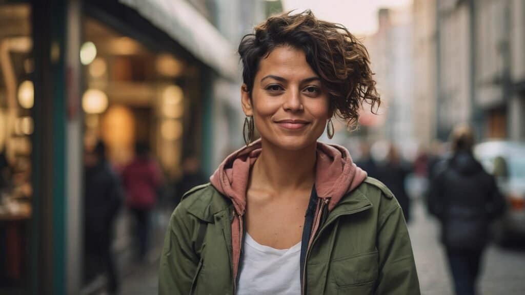 A woman with curly hair smiling in a city street, wearing a green jacket and a white shirt.