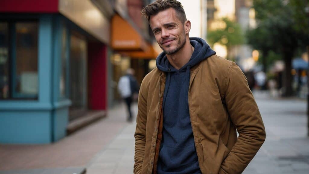 A man in a brown jacket and blue hoodie smiling on a city street.
